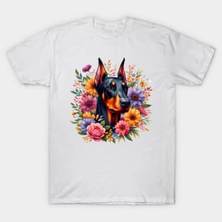 A doberman with beautiful colorful flowers T-Shirt